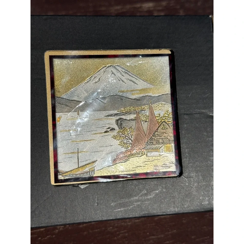 Vintage Japanese Music Jewelry Box Mt Fuji‎ Chokin Art Red Velvet Mirror J-233